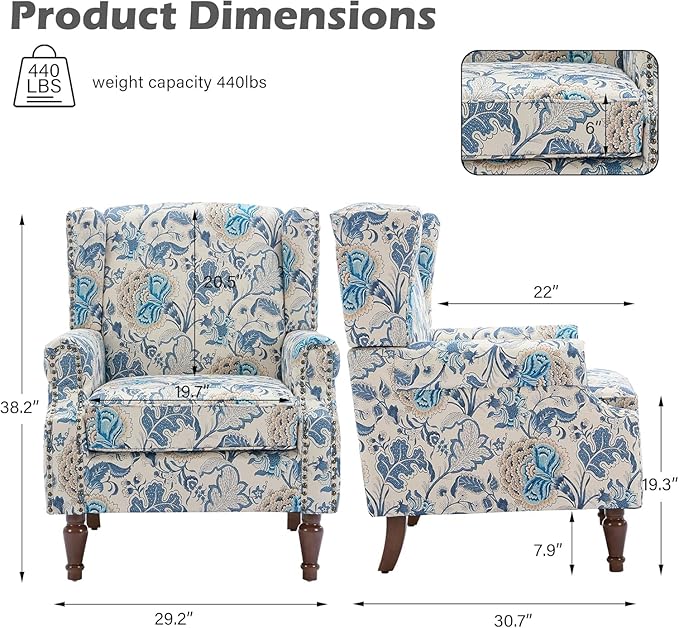 UIXE High Back Floral Accent Chair, Fabric Upholstered Armchair for Living Room, Retro Printed Wingback Arm Chair Nailhead Trim Single Sofa Bedroom Reading Seat - Boho Blue-Ruum Studio Home