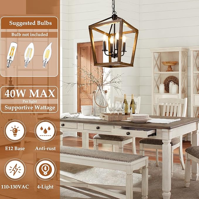 Farmhouse Chandelier Light Fixture for Kitchen Dining Room, 4-Light Rustic Pendant Hanging Ceiling Light Height Adjustable in Oak Wood Finish, Cage Lantern Lighting with E12 Base for Hallway Foyer-Ruum Studio Home