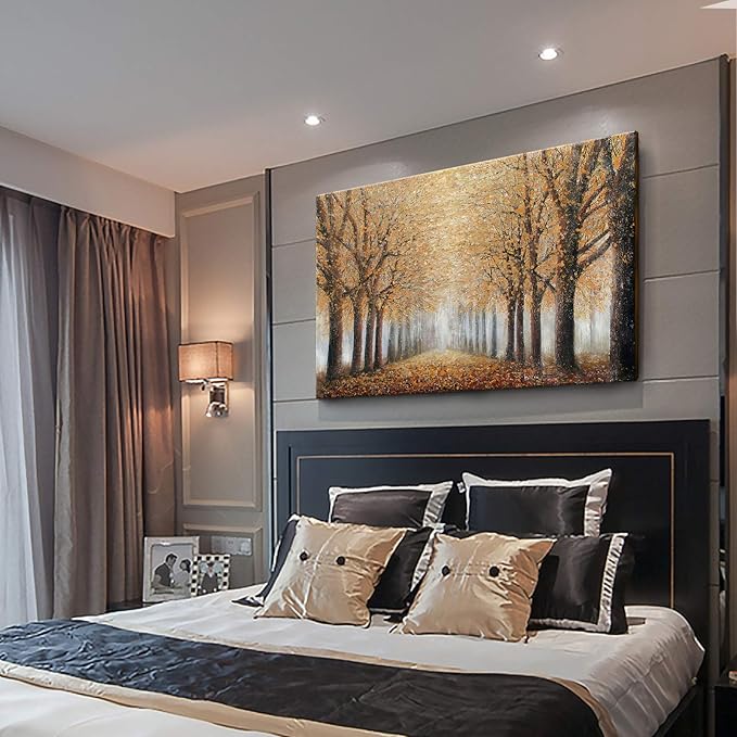 Large Tree Wall Art for Living Room Hand-Painted Forest Oil Painting Framed Yellow Grove Artwork Autumn Landscape Canvas Picture for Living Room Bedroom Home Decorations Wall Decor Large 48"x32"-Ruum Studio Home