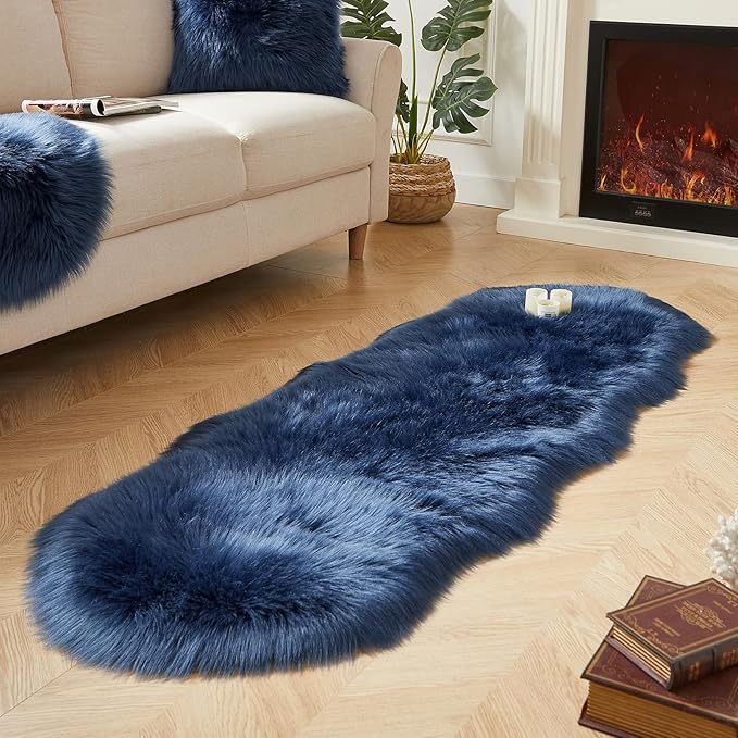 AMTOVO Faux Sheepskin Rug, Dark Blue Ultra Soft Fluffy Shag Area Rug, 2 x 6 ft Faux Fur Rug for Bedroom Sofa Throw Cushion Room Decor, Sheepskin-Ruum Studio Home