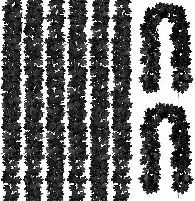 Joyhalo 8 Pack 5.7FT Black Maple Leaf Garland,Halloween Artificial Hanging Black Vines,Halloween Outdoor Garland for Mantle,Door Frame,Fireplace and Thanksgiving Decor-Ruum Studio Home