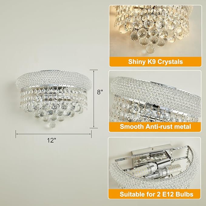 Empire Crystal Wall Sconces, Chrome Wall Light Fixtures, Luxury Wall Lamp for Living Room Bedroom Bathroom Bedside Hallway Stairway-Ruum Studio Home