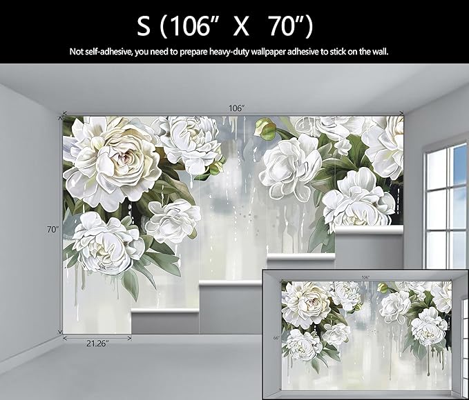 Vintage Floral Wallpaper Bedroom Hand-Painted White Peonies Flowers Wall Mural Children's Room (Not Peel and Stick)-Ruum Studio Home