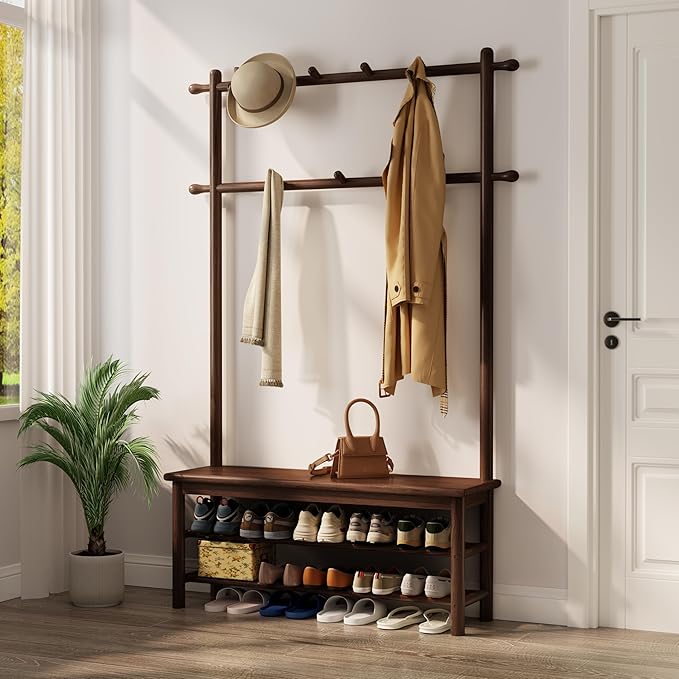 Hall Tree, Coat Rack with Shoe Storage, Wooden Hall Tree with Bench, 11 Hooks and 2-Tier Storage Shelves, Entryway Bench with Coat Rack (39.3" - Deep Walnut)-Ruum Studio Home