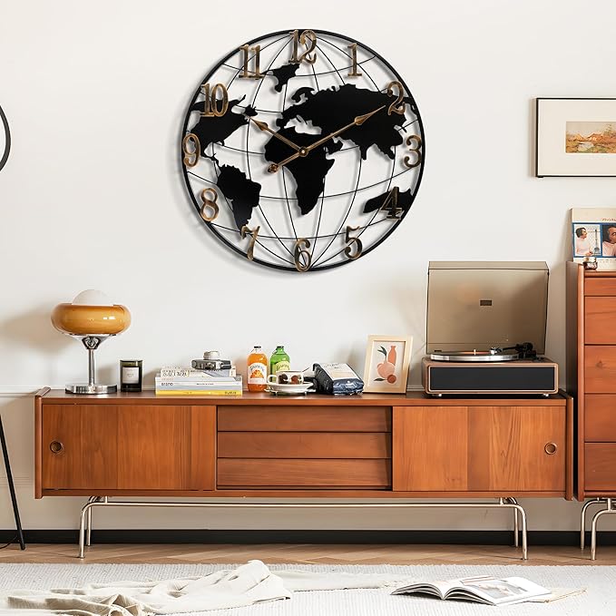 Large Wall Clock - 20 Inch World Map Minimalist Modern Round Metal Wall Clock Silent Non-Ticking Battery Operated Wall Clocks for Living Room Kitchen Office Farmhouse Home Decor-Ruum Studio Home