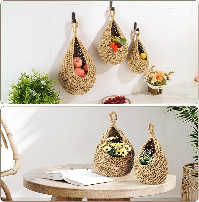 Wall Hanging Baskets for Organizing - 3 Pack Hanging Fruit Basket with 6 Pcs Strong Hooks, Handwoven Onion Storage Teardrop Home Onion Basket for Fruits Vegetable Potato Kitchen Storage(Light Linen)-Ruum Studio Home