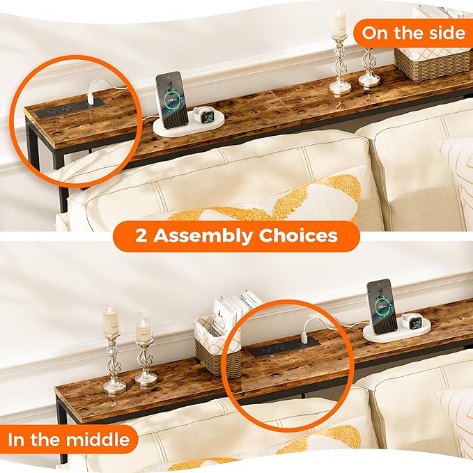 SUPERJARE Console Table with Outlet, 63 Inch Sofa Table with Charging Station, Narrow Entryway Table, Behind Couch Table, for Living Room, Plants - Rustic Brown-Ruum Studio Home