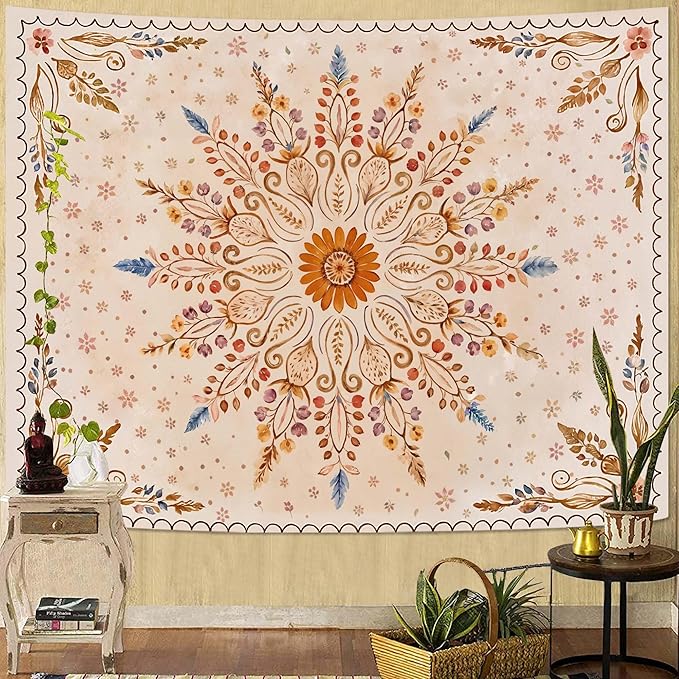 Fowocu Boho Floral Mandala Tapestry for Bedroom Aesthetic Watercolor Bohemian Flower Wall Tapestry Brown Beige Hippie Indian Large Tapestries Wall Hanging for Living Room Dorm Decor 80 x 60 Inch-Ruum Studio Home