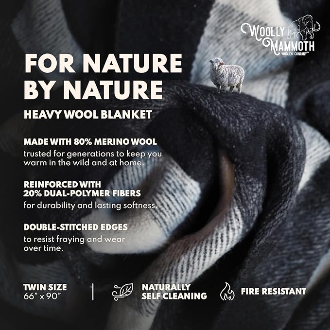Woolly Mammoth Woolen Company Camping Wool Blanket - 66 in x 90 in Black & Cream Plaid - Heavyweight Merino Wool Outdoor Throw Blanket & Bedroll - Insulating Warm for Winter, Picnic & Travel-Ruum Studio Home