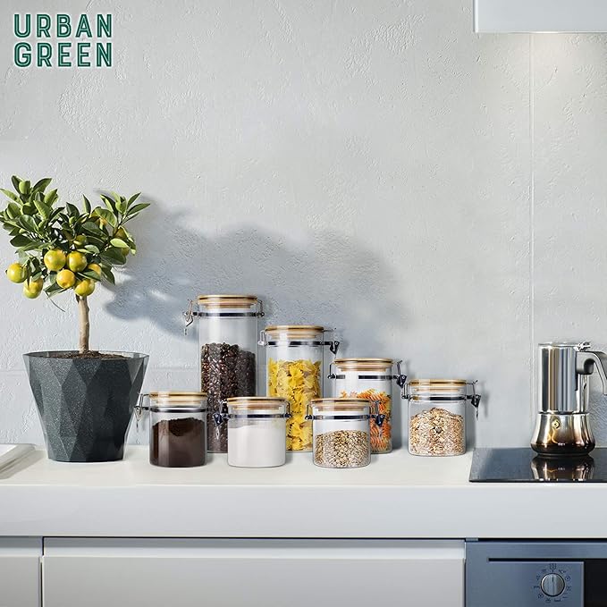 Urban Green Borosilicate Glass Storage Jars with Airtight Locking Clamp Lids, Airtight Canister Set，Coffee Set of 3 with Spoon (50oz, 24oz, 18oz), Storage Containers with Bamboo Lid-Ruum Studio Home