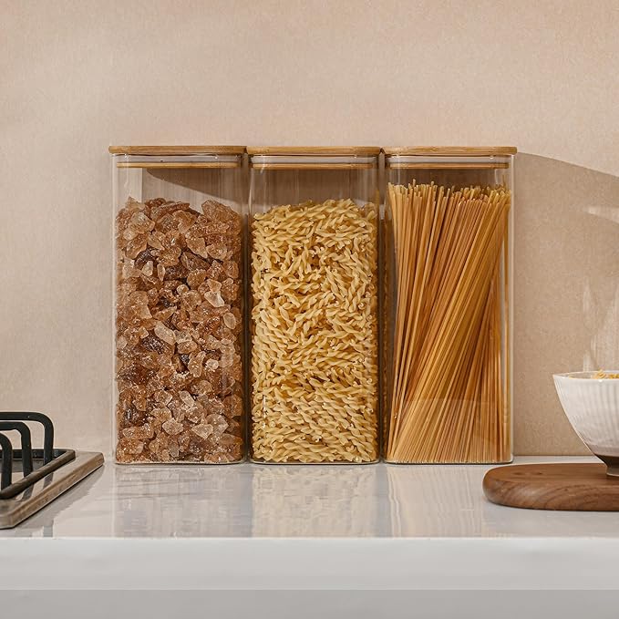 71oz Rectangle Airtight Glass Storage Containers with Bamboo Lids (Set of 4), Square Food Storage Jar, Pantry Organizers for Sugar, Flour, Spaghetti and Coffee beans (‎with Black Lable)-Ruum Studio Home