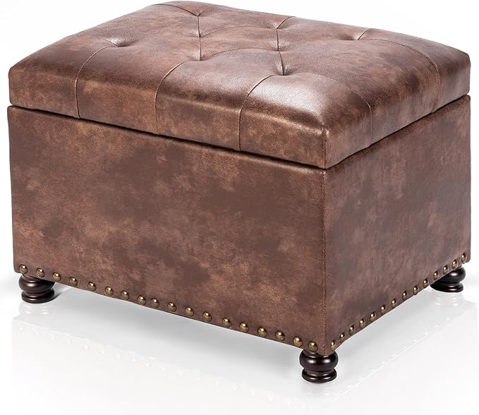 Joveco Leather Storage Ottoman, 24" Rectangle Tufted Square Upholstered Bench, Foot Rest Stool with Wood Legs, Footstool for Living Room Bedroom, Coffee-Ruum Studio Home