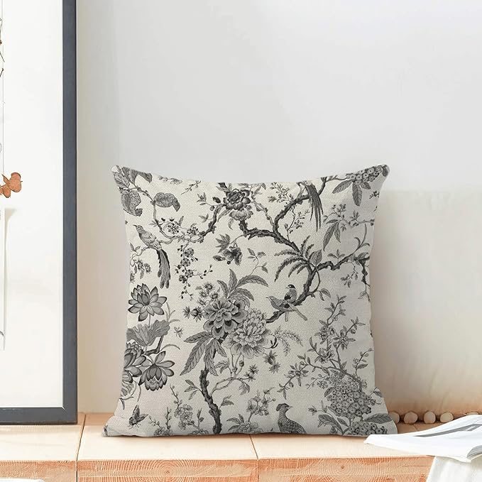 CXMEIFLY Spring Floral Birds Pillow Covers 16 x 16 Inch Set of 2 for Chinoiserie Flowers Decor Throw Pillows Black and White Plant Outdoor Decorative Cushion Cases for Couch Bed Decorations-Ruum Studio Home