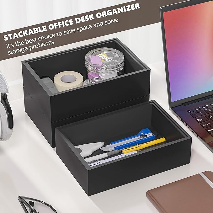 Kitchen Drawer Organizer Bins, Stackable Bamboo Drawer Organizer for Silverware, Flatware, Deep Office Desk Organizer Tray, Desktop Pen, Office Organization Black 9" x 6" x 2.5"(Set of 2)-Ruum Studio Home