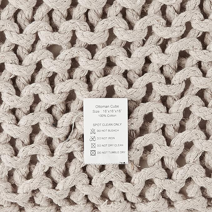 REDEARTH Square Pouf Ottoman Foot Stool - Hand Knitted Bean Bag - Cord Boho Pouffe - Accent Poof for Living Room - Nursery - Bedroom - Kids Bedroom - Patio - 100% Cotton (16" x 16" x 16") - Ivory-Ruum Studio Home
