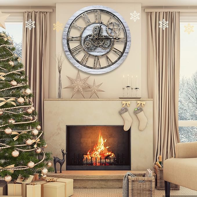 The B-Style Large Wall Clock 24 inch Moving Gear Wall Clock Oversized Vintage Farmhouse Wall Clocks for Living Room Decor Rustic Industrial Wood Clock (Silver Gray and Bronze)-Ruum Studio Home