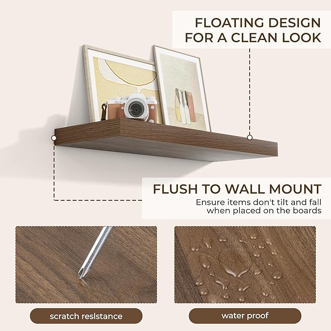 RICHFOCUS 31.5Inch Floating Shelves for Wall 2 Pack Shelves for Bedroom|Kitchen|Bathroom Wall Mounted Rustic Wood Floating Shelf with Invisible Brackets for Books|Storage|Decor, Walnut-Ruum Studio Home