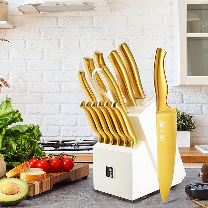 ZHANG XIAO QUAN SINCE 1628 15Pcs Knife Sets with Block, 50Cr15MoV Stainless Steel kitchen knife set with Built-in Sharpener Dishwasher Safe(Golden)-Ruum Studio Home