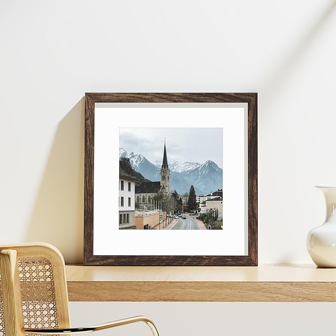 Vittanly 12x12 Picture Frames Set of 9, Shatter Resistant Plexiglass, Display 8x8 Pictures with Mat or 12x12 without Mat, Photo Frames for Wall Mount, Engineered Wood, Brown-Ruum Studio Home
