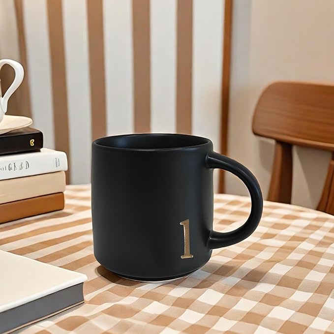 COLLECTIVE HOME - Black Monogram Ceramic Mugs, 15 oz Golden Initial Coffee Cups, Elegant Alphabet Tea Mugs, Personalized Halloween Mug with Gift Box, Perfect for Office and Home Décor (l)-Ruum Studio Home