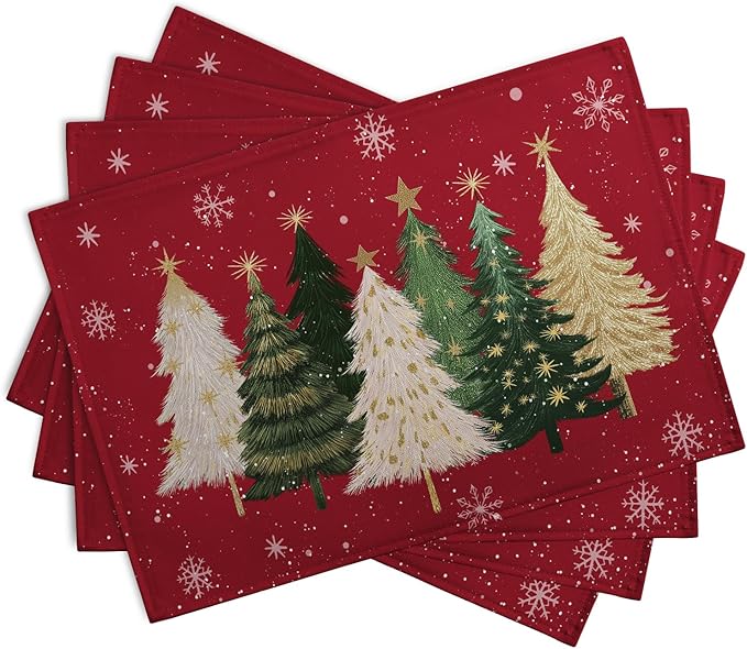 Red Christmas Tree Placemats Set of 4, 12x18 Inch Xmas Trees Snowflakes Winter Holiday Place Mats Seasonal Washable Linen Table Mat for Indoor Outdoor Kitchen Dining Party Decor-Ruum Studio Home