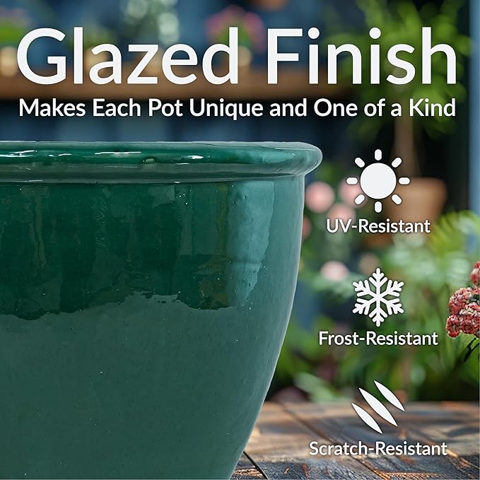 Sunnydaze Chalet Large Ceramic Plant Pot - Round Outdoor Glazed Ceramic Planter Pot with Drainage - Dark Green - 14.5"-Ruum Studio Home