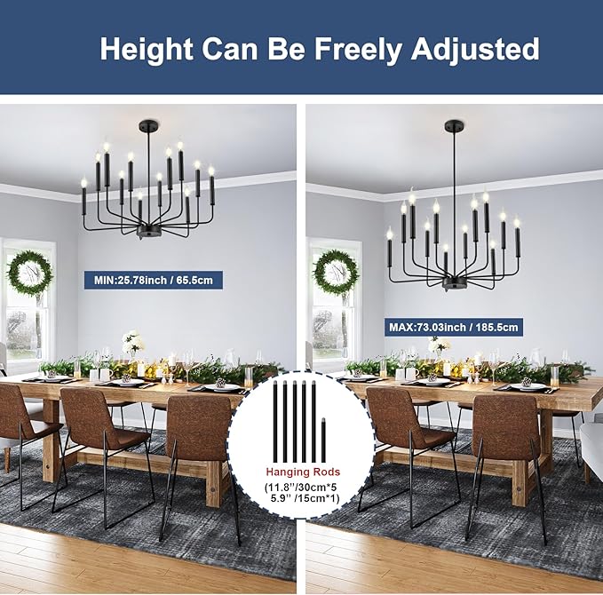 Modern Black Farmhouse Chandeliers, 12-Light Industrial Metal Chandelier Lighting, Classic Candle Hanging Pendant Light Fixtures for Living Room, Dining Room, Kitchen, Bedroom, Entryway-Ruum Studio Home