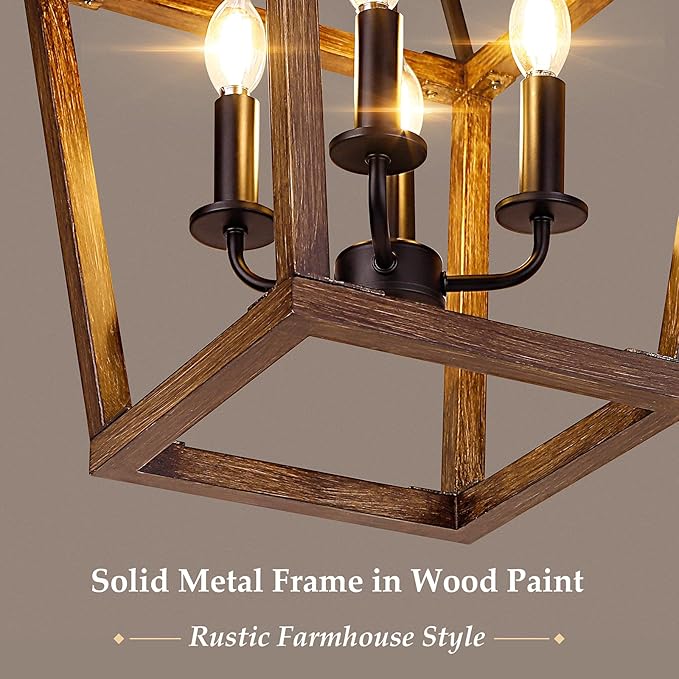 Farmhouse Chandelier Light Fixture for Kitchen Dining Room, 4-Light Rustic Pendant Hanging Ceiling Light Height Adjustable in Oak Wood Finish, Cage Lantern Lighting with E12 Base for Hallway Foyer-Ruum Studio Home