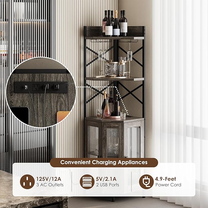 Corner Bar Cabinet with Power Outlet, 5-Tier Corner Wine Cabinet with Led Strip and Glass Holder, Industrial Tall Liquor Cabinet Bar Wine Rack for Home, Grey Oak-Ruum Studio Home