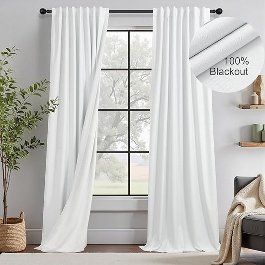 Neutral 11 ft Blackout Curtains 132 Inches Long Elegant Villa Cottage Tall Floor to Ceiling Curtains for Sliding Glass Door Patio 2 Panels Privacy White Linen Drapes for Living Room Divider Back Tab