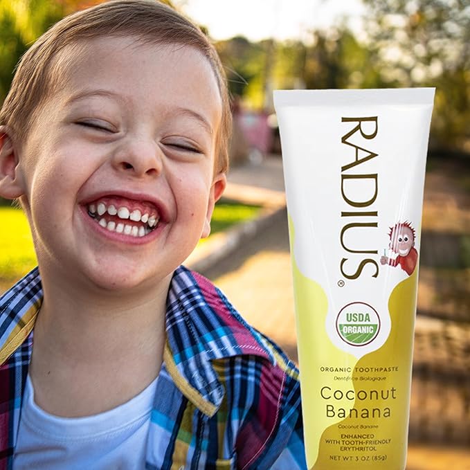 RADIUS USDA Organic Kids Toothpaste 3oz Non Toxic Chemical-Free Gluten-Free Designed to Improve Gum Health for Children's 6 Months and Up - Coconut Banana - Pack of 3-Ruum Studio Home