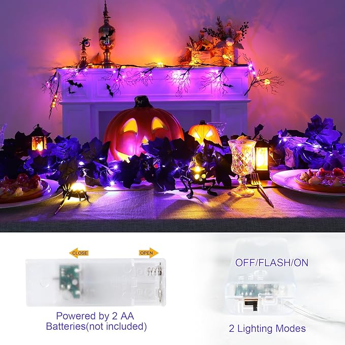 Joyhalo 2 Pack Halloween Garland with Lights, Black Maple Leaves Lighted Garland for Mantle, 5.7FT Light Up Leaf Autumn Vines Outdoor for Door Frame, Fireplace and Thanksgiving Fall Decor-Ruum Studio Home