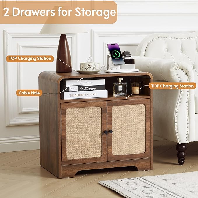24" Large Side Table with Charging Station, Mid Century Modern End Table with USB/Type-C Ports, Curved Wood Nightstand with Storage & Natural Linen, Couch Side Table for Living Room Bedroom, Walnut-Ruum Studio Home