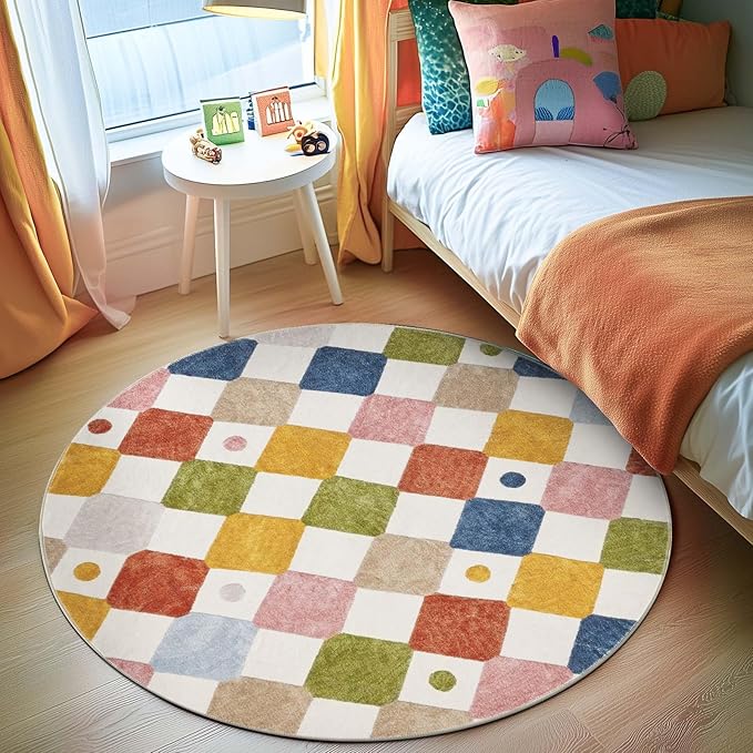 jinchan Round Rug 5ft Kids Washable Rug Indoor Floor Cover Non-Slip Soft Elementary School Classroom Modern Colorful Diamond Carpet for Nursery Daycare Bedroom Playroom Living Room Circus on Cream-Ruum Studio Home