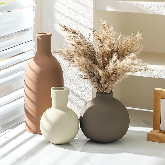 Vase Set of 3 | Ceramic Neutral Vases Home Decor | Rustic Flower Pottery Vases Modern Farmhouse Vase for Table Entryway Mantel Centerpiece Bookshelf Living Room Bathroom Bedroom -Brown Large-Ruum Studio Home