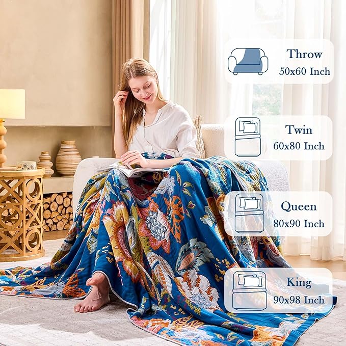 Boho Throw Blanket, Blue Lightweight Blankets for Summer, 100% Cotton Bohemian Decorative Throw Blanket, 60"x80" Reversible Muslin Breathable Woven Farmhouse Blankets Quilt,-Ruum Studio Home