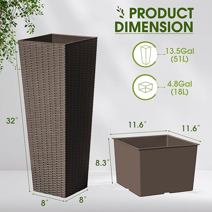 Devoko Resin Tall Planters for Outdoor Plants Set of 2, Large Taper Outdoor Planter Pots with 4 Drainage Holes, Flower Pots Modern Decor for Porch, Patio, Backyard, Home Garden (Brown, 32")-Ruum Studio Home