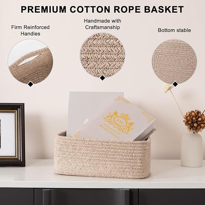 4 Pack Small Storage Shelf Baskets for Organizing, Mini Woven Rope Storage Bins for Towels, Cute Decorative Closet Organizer，Baby Nursery, Gift Empty Baskets -11.81''Lx7.87''Wx4.72''H'-Brown-Ruum Studio Home