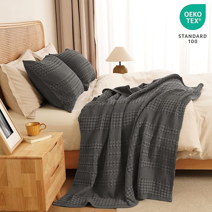 PHF 100% Cotton Waffle Weave Throw Blanket, Soft Lightweight Breathable Cozy Summer Throws for Couch Bed Sofa, Luxury Aesthetic Woven Blanket for Home Decor & Office, 50"x60", Charcoal Grey-Ruum Studio Home