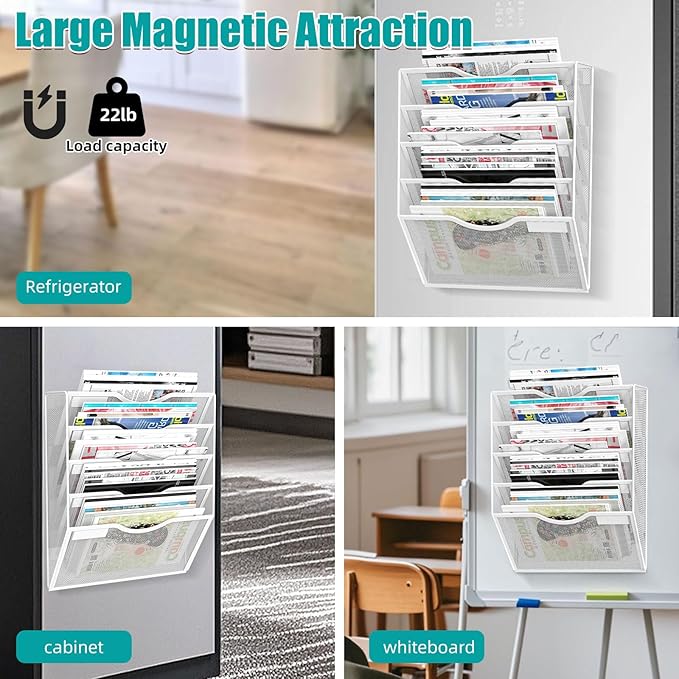 5-Tier Magnetic File Organizer, No Drilling Installation, White Magnetic Paper Holder, Magazine Rack for Refrigerator and File Cabinets-Ruum Studio Home