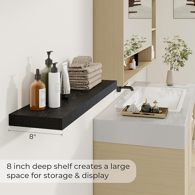 36 inch Floating Shelves Wall Shelves for Office with Invisible Brackets, 8 inch Deep Shelves for Bathroom, Living Room, Kitchen, Office, 36x7.9 inch deep Set of 2, Black-Ruum Studio Home
