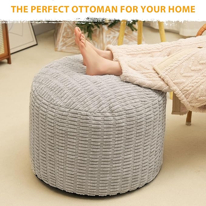 Round Stuffed Pouf Ottoman for Foot Rest, Storage Ottoman Pouf Foot Stool Cushion, Faux Fur Poufs with Foam Chunk Filling, 26 X 18 Inch Floor Chair for Living Room Bedroom Home Decor, Light Gray-Ruum Studio Home