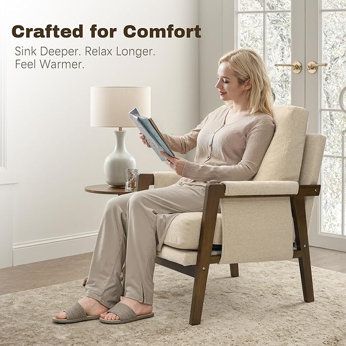 Modern Accent Chairs Set of 2 for Living Room Mid Century Arm Chairs Upholstered Bedroom Chairs Comfy Lounge Chairs with Solid Wood Frame, Beige-Ruum Studio Home