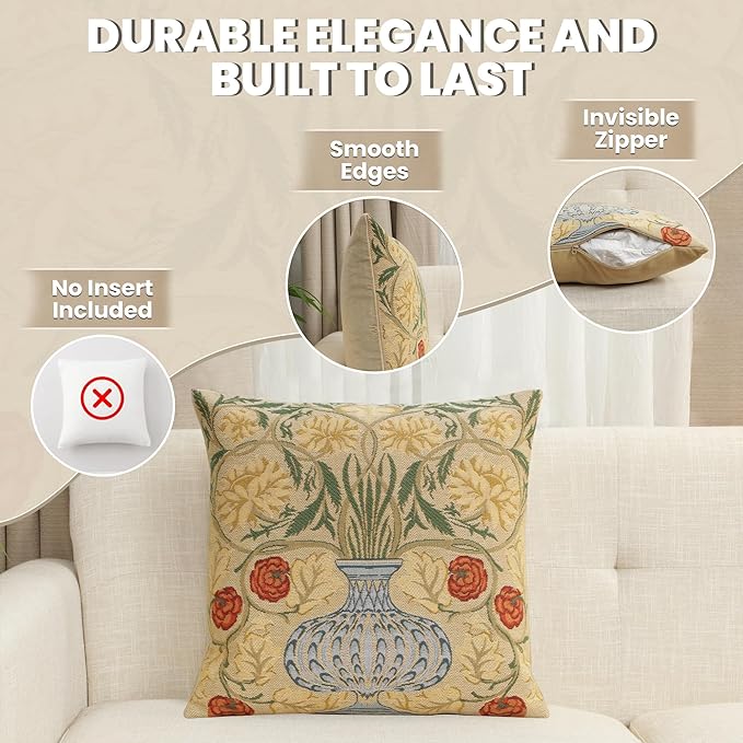 Charlotte Home Furnishings Throw Pillow Covers, Decorative Boho Pillow Covers for Couch, Living Room, Yellow Rose Square Cushion Cases 18x18 in, European Cotton Jacquard Woven for Cozy Bedroom Decor-Ruum Studio Home