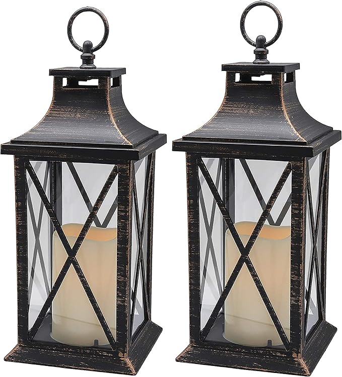 YAKii 14" Decorative Candle Lantern LED Flameless Candle Timer, Plastic LED Candle & Holder, Indoor & Outdoor Hanging Lights,Christmas Day Decoration (Antique Copper Brushed 2 PCS)-Ruum Studio Home