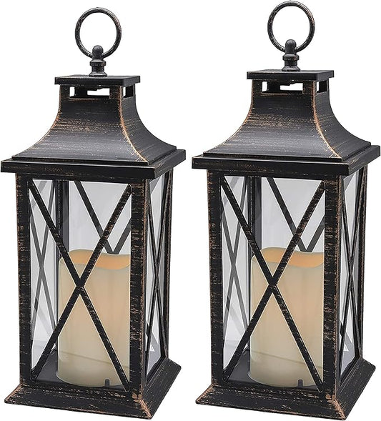 YAKii 14" Decorative Candle Lantern LED Flameless Candle Timer, Plastic LED Candle & Holder, Indoor & Outdoor Hanging Lights,Christmas Day Decoration (Antique Copper Brushed 2 PCS)-Ruum Studio Home