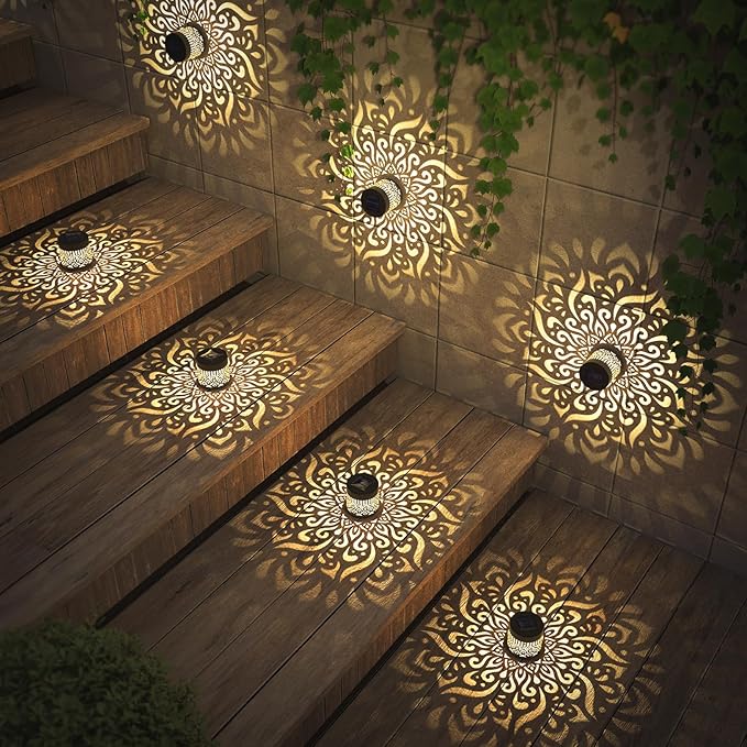 2 Pack Solar Fence Lights Metal Solar Powered Outdoor Deck Step Wall Lights Mandala Theme Waterproof Fence Light for Garden Post Patio Backyard Yard Decor (2 Pack)-Ruum Studio Home