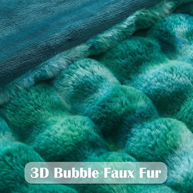 NEWCOSPLAY Faux Fur Twin Blanket Tie-dye Dark Teal Luxury Fluffy Thick Warm Bubble Blanket for Couch Sofa Bed 700GSM (Tie-dye Dark Teal, Twin(60"x80"))-Ruum Studio Home