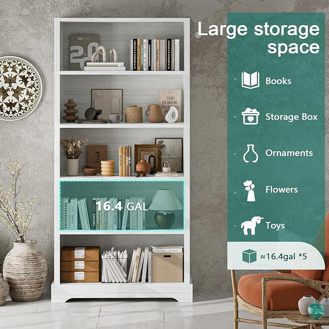 TVU 5-Shelf Wood Bookcase, 65 Inch Tall Bookshelf with Storage, Floor Standing Display Book Shelf，for Living Room Bedroom Study Office，Antique White-Ruum Studio Home