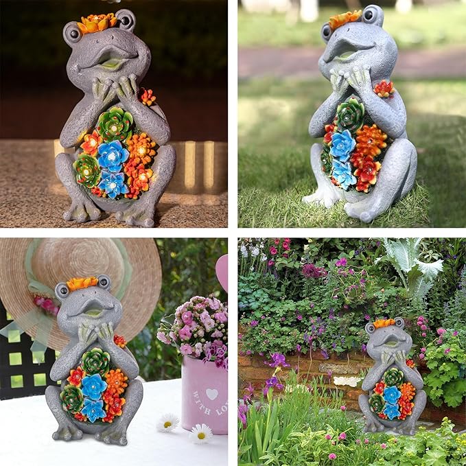 Frog Solar Figurine Light Statue Outdoor Gardening Gifts Decoration Garden Frogs Yard Decor Lamp With 8 Led Lights And Succulent Waterproof Patio Lawn Decor Housewarming Frog Gifts For Women-Ruum Studio Home